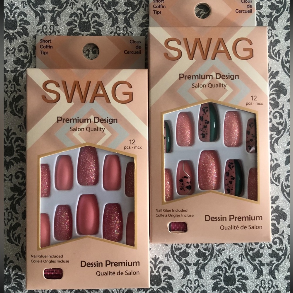 2 Packages of Short Coffin False Nails (New!) Pinks, Sparkles, Black Colours